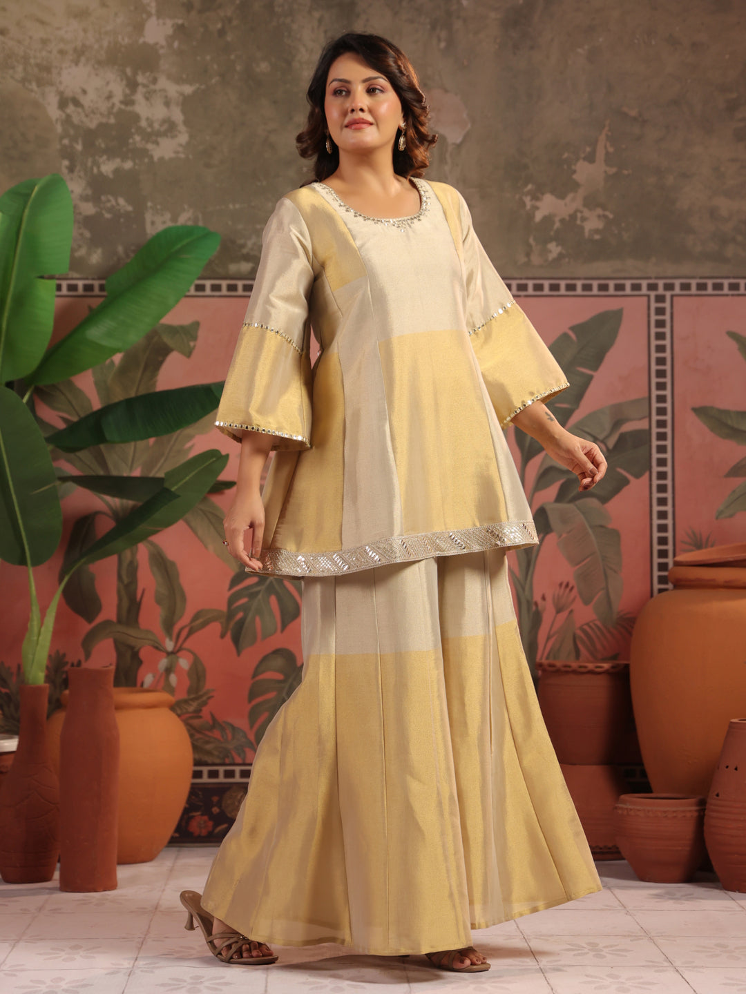 Solid A-Line Tissue Silk Kurta & Palazzos Sets