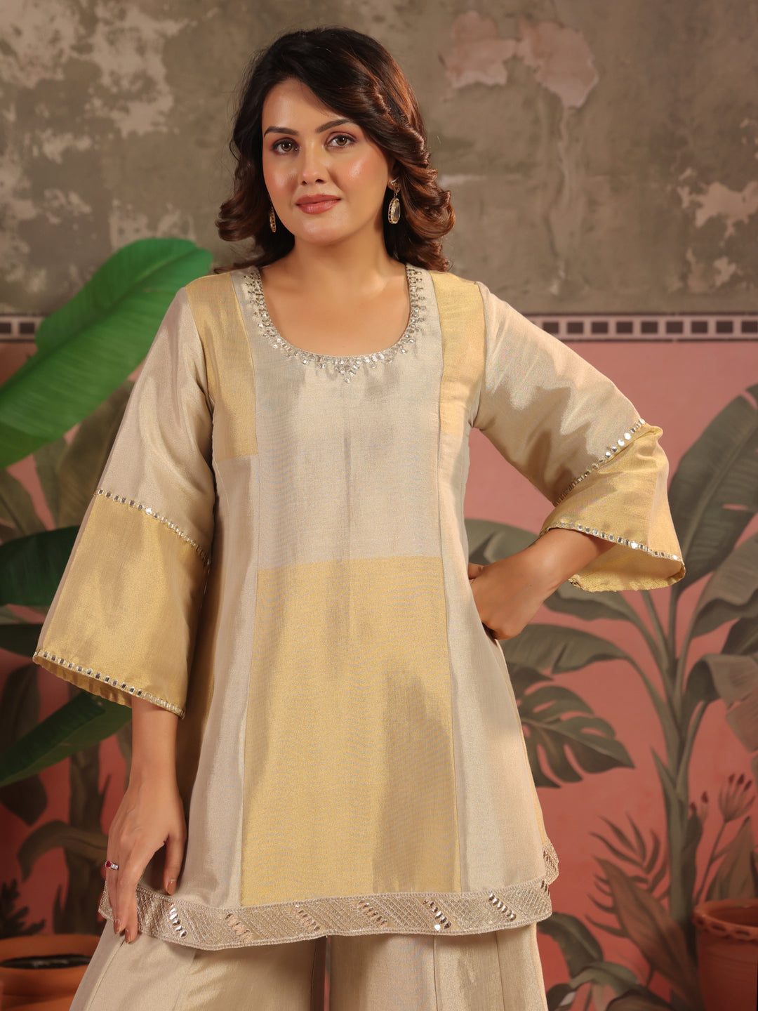 Solid A-Line Tissue Silk Kurta & Palazzos Sets