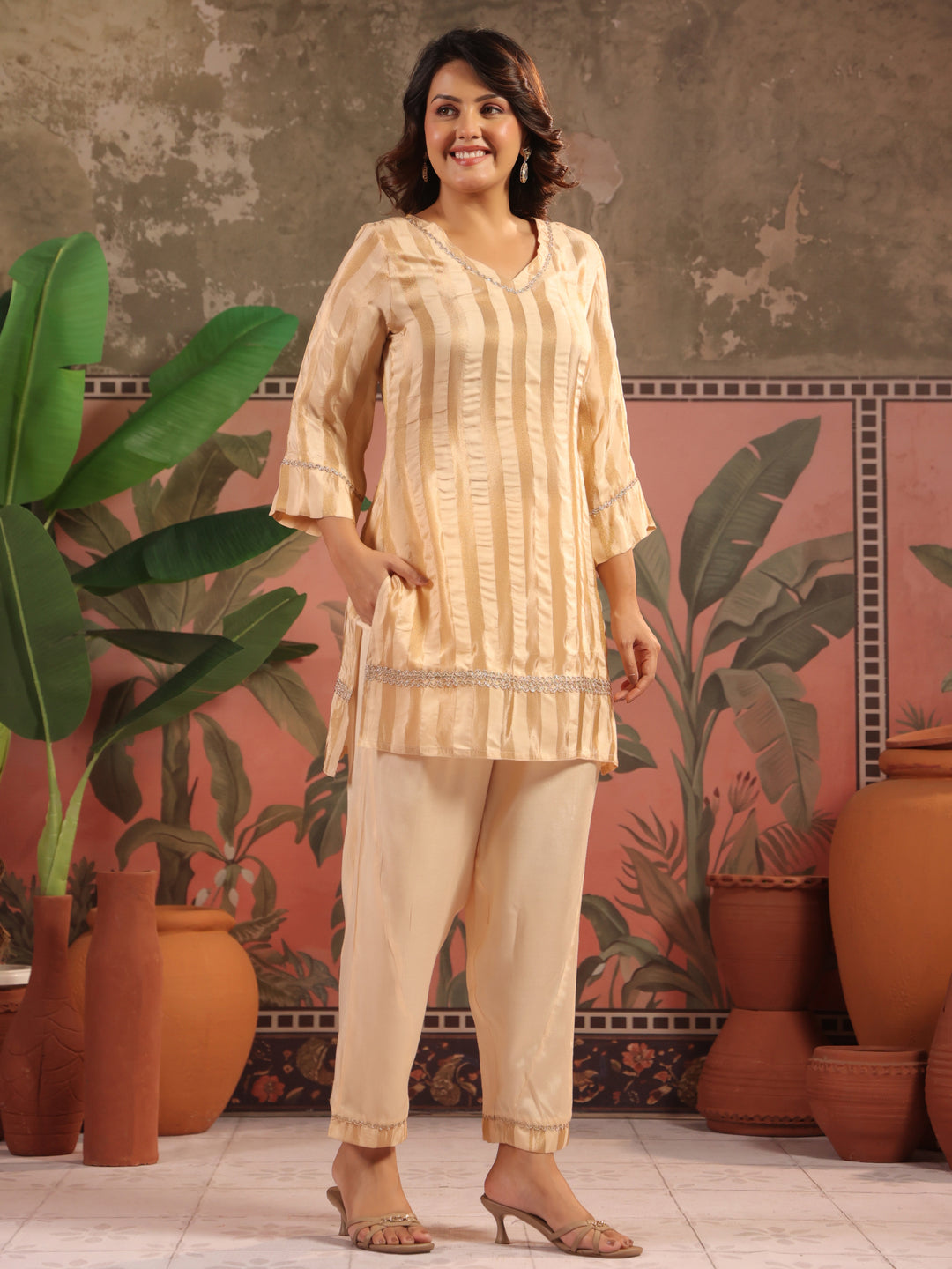 Striped Straight Viscose Kurta & Palazzos Sets