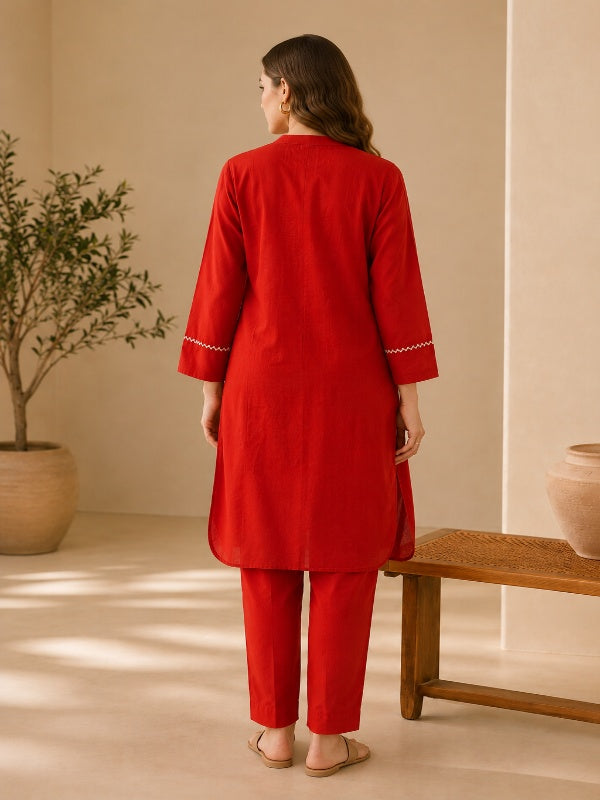 Solid Embroidered Straight Pure Cotton Kurta & Trousers Sets