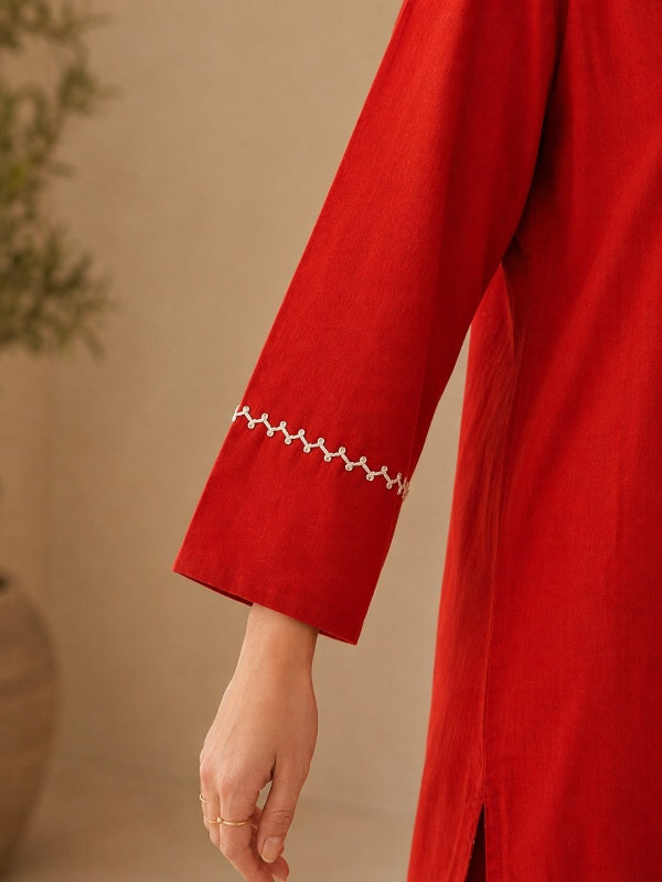Solid Embroidered Straight Pure Cotton Kurta & Trousers Sets