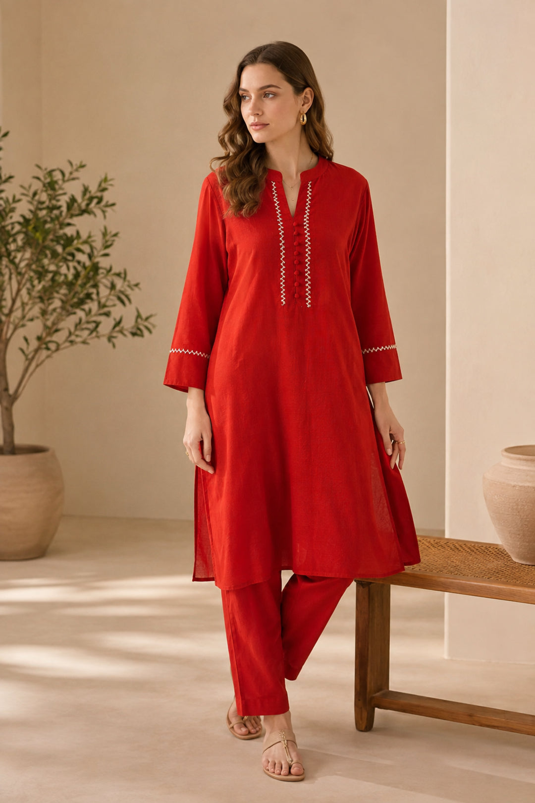 Solid Embroidered Straight Pure Cotton Kurta & Trousers Sets