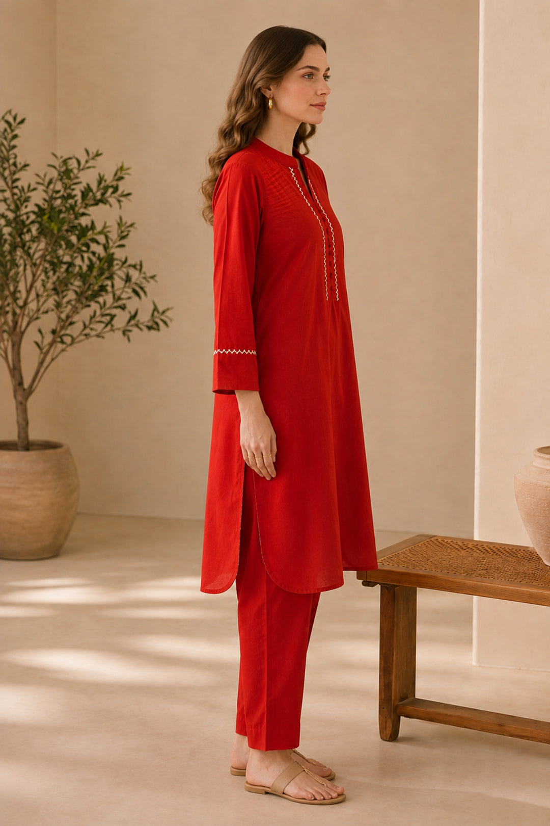 Solid Embroidered Straight Pure Cotton Kurta & Trousers Sets