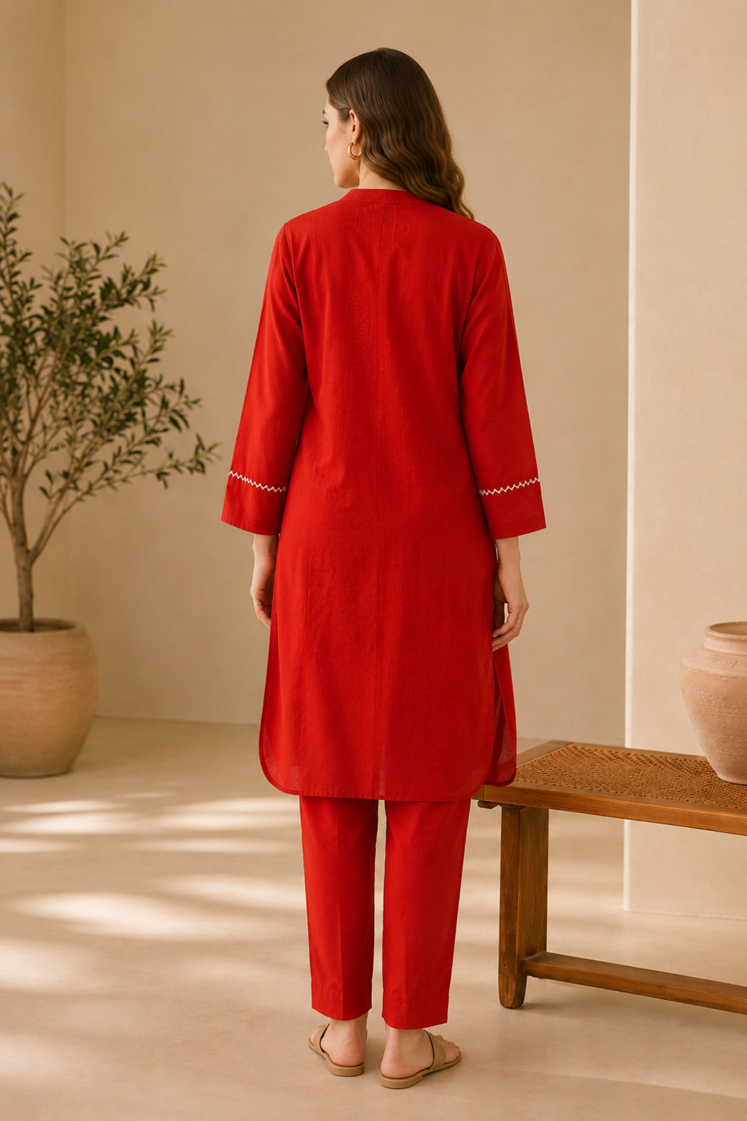 Solid Embroidered Straight Pure Cotton Kurta & Trousers Sets