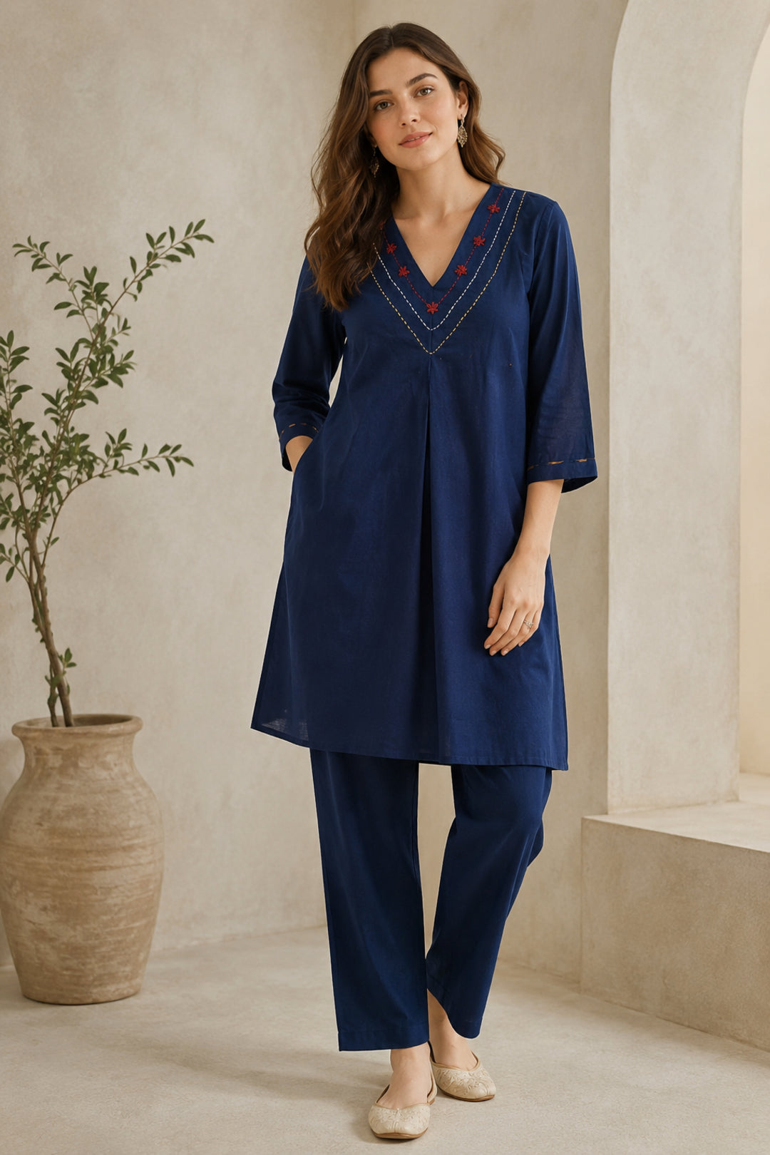 Solid Embroidered Straight Pure Cotton Kurta & Trousers Sets
