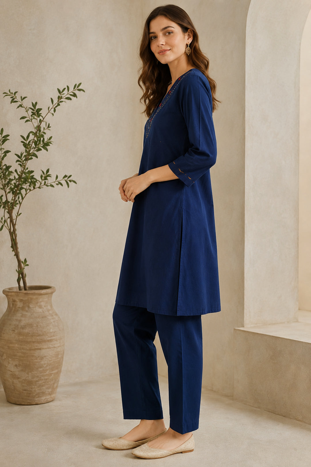 Solid Embroidered Straight Pure Cotton Kurta & Trousers Sets