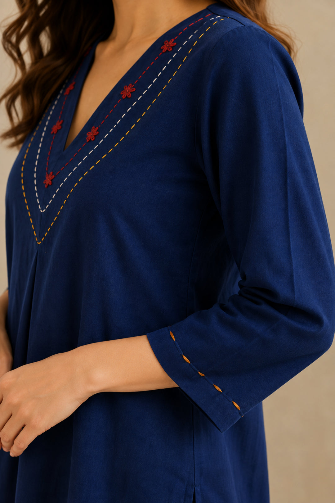 Solid Embroidered Straight Pure Cotton Kurta & Trousers Sets