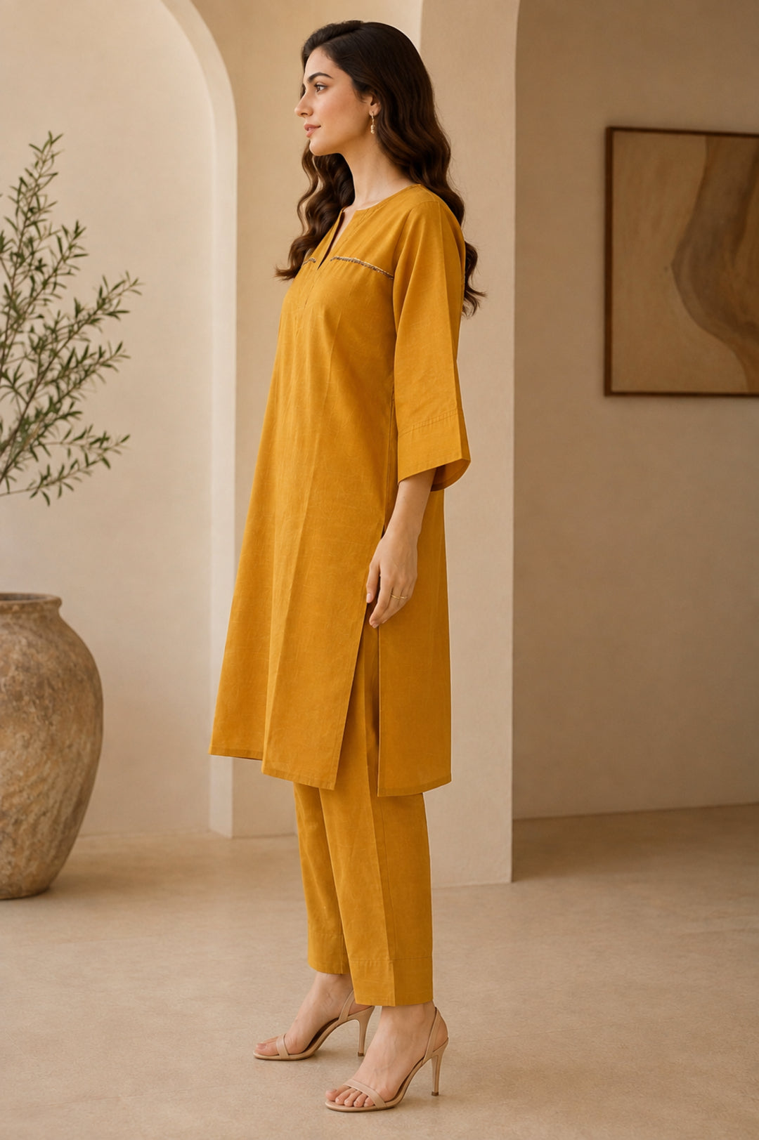 Solid Embroidered Straight Pure Cotton Kurta & Palazzos Sets