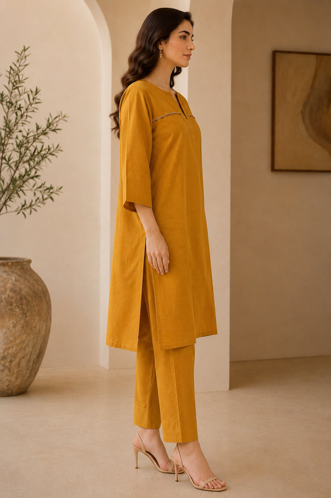 Solid Embroidered Straight Pure Cotton Kurta & Palazzos Sets