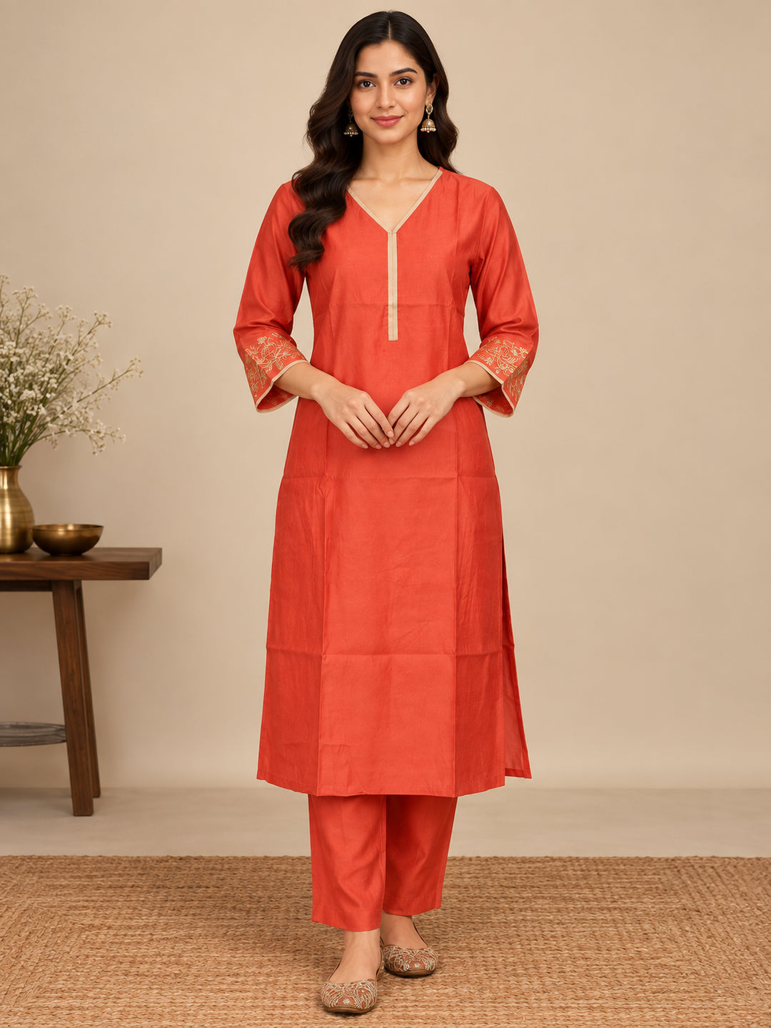 Solid Solid Straight Pure Silk Kurta & Trousers Sets