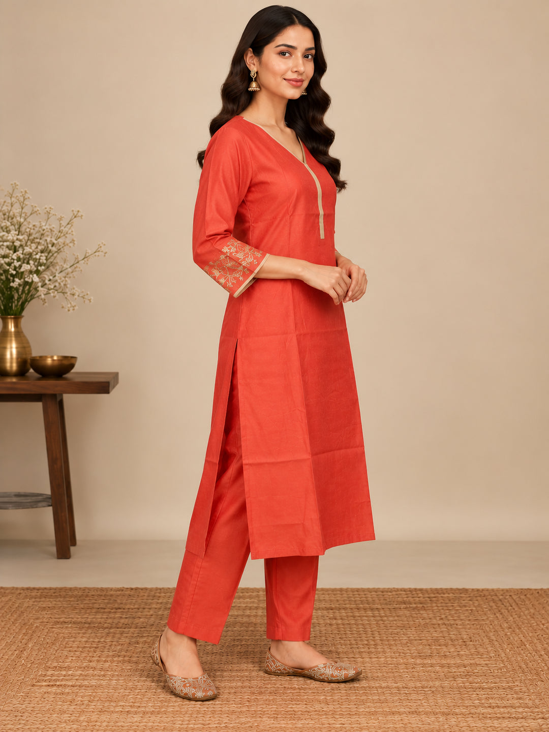 Solid Solid Straight Pure Silk Kurta & Trousers Sets