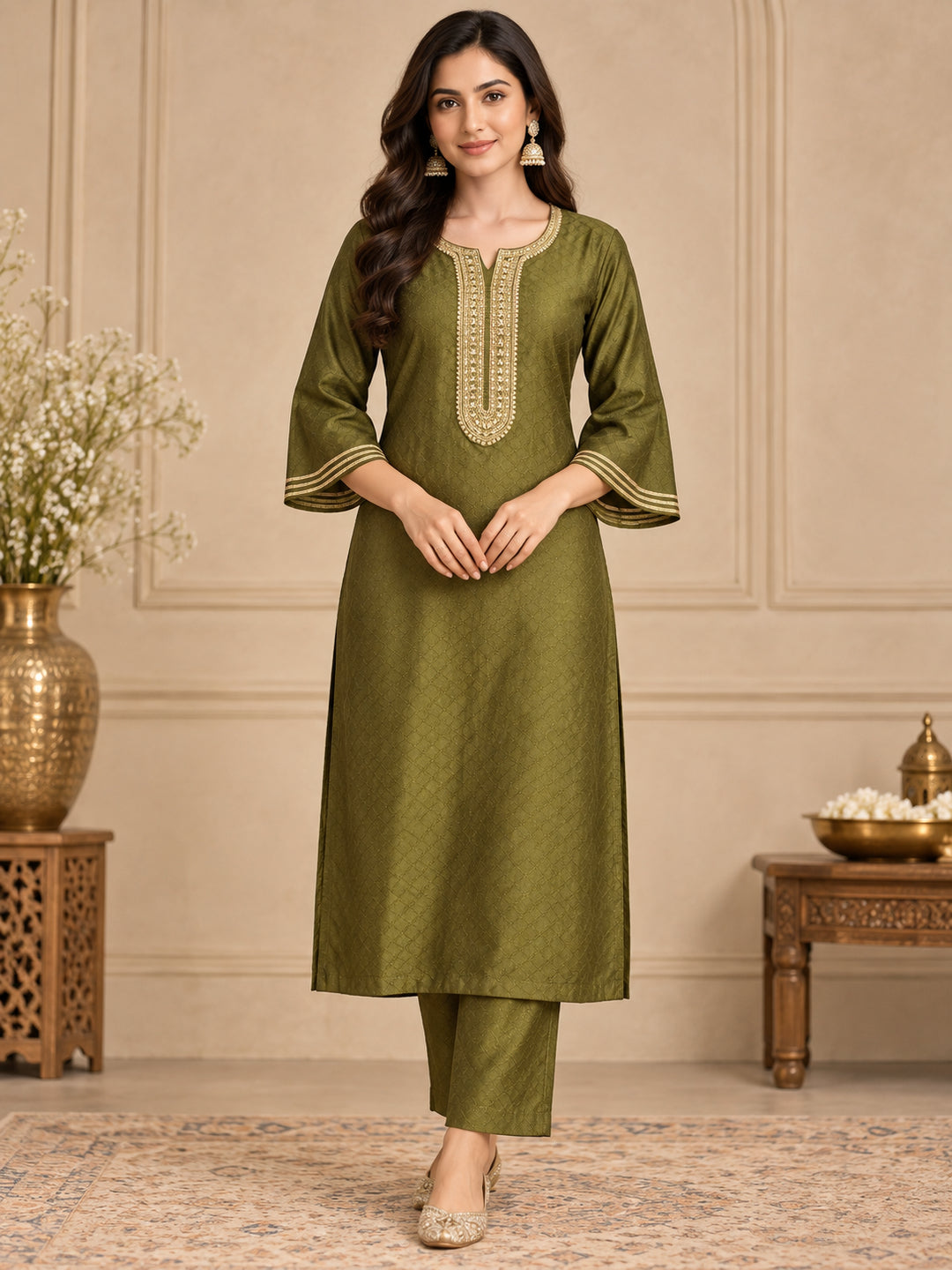 Solid Embroidered Straight Kurta & Trousers Sets