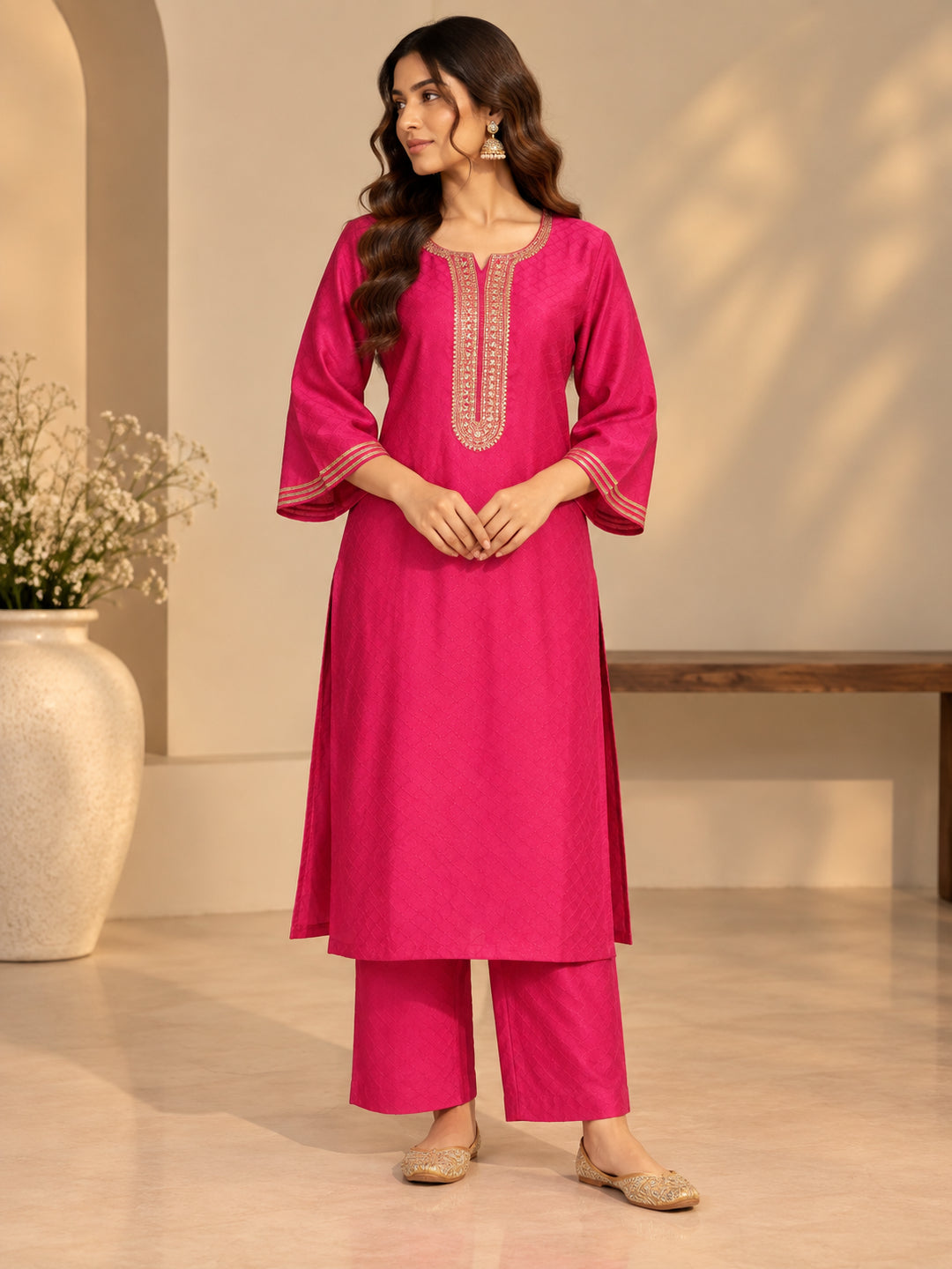 Solid Embroidered Straight Kurta & Trousers Sets