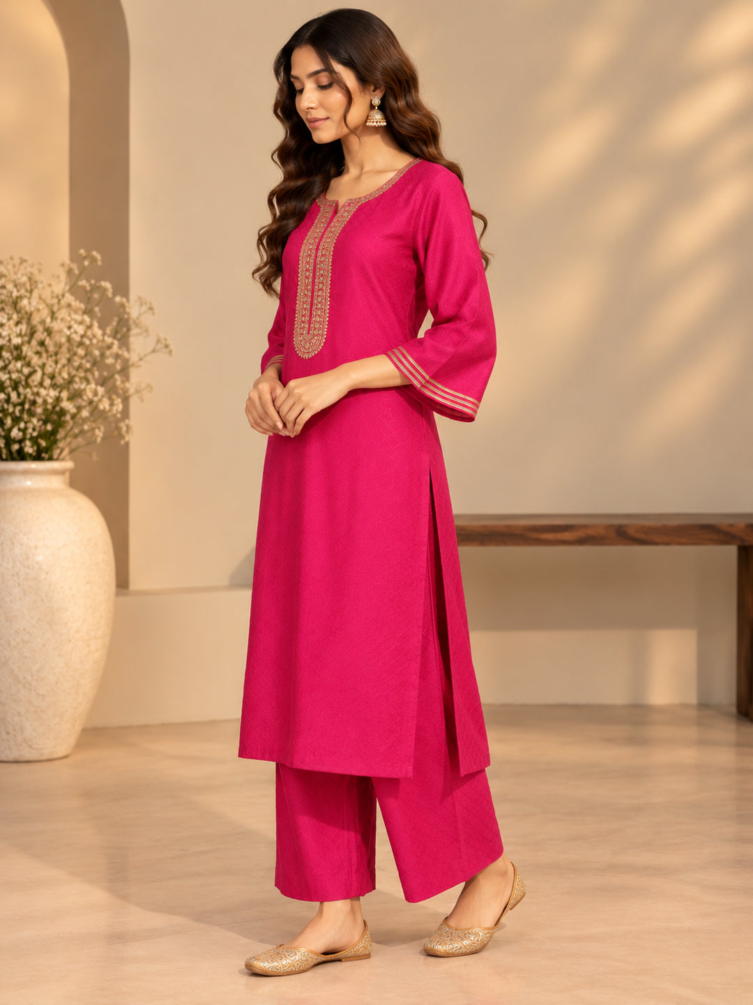 Solid Embroidered Straight Kurta & Trousers Sets