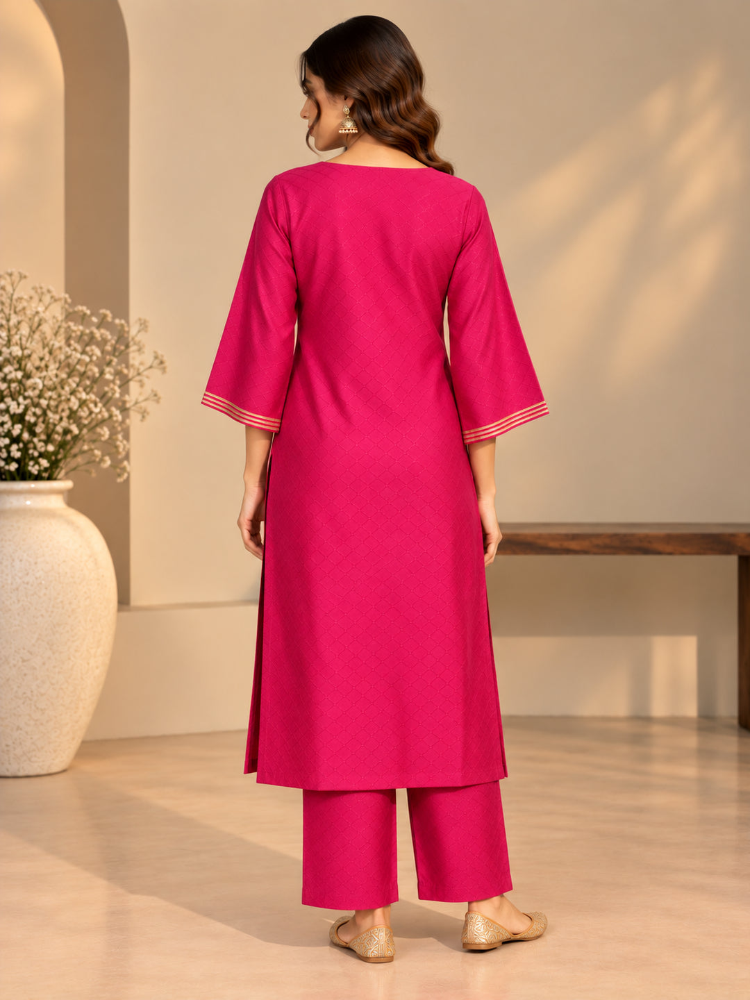 Solid Embroidered Straight Kurta & Trousers Sets