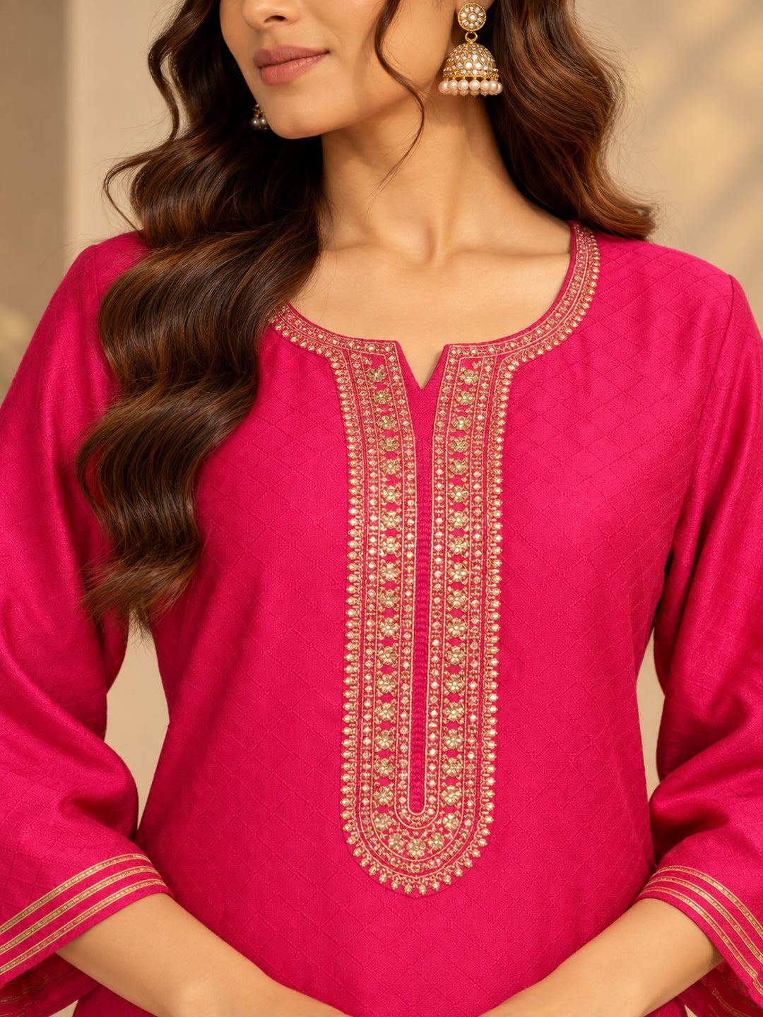 Solid Embroidered Straight Kurta & Trousers Sets