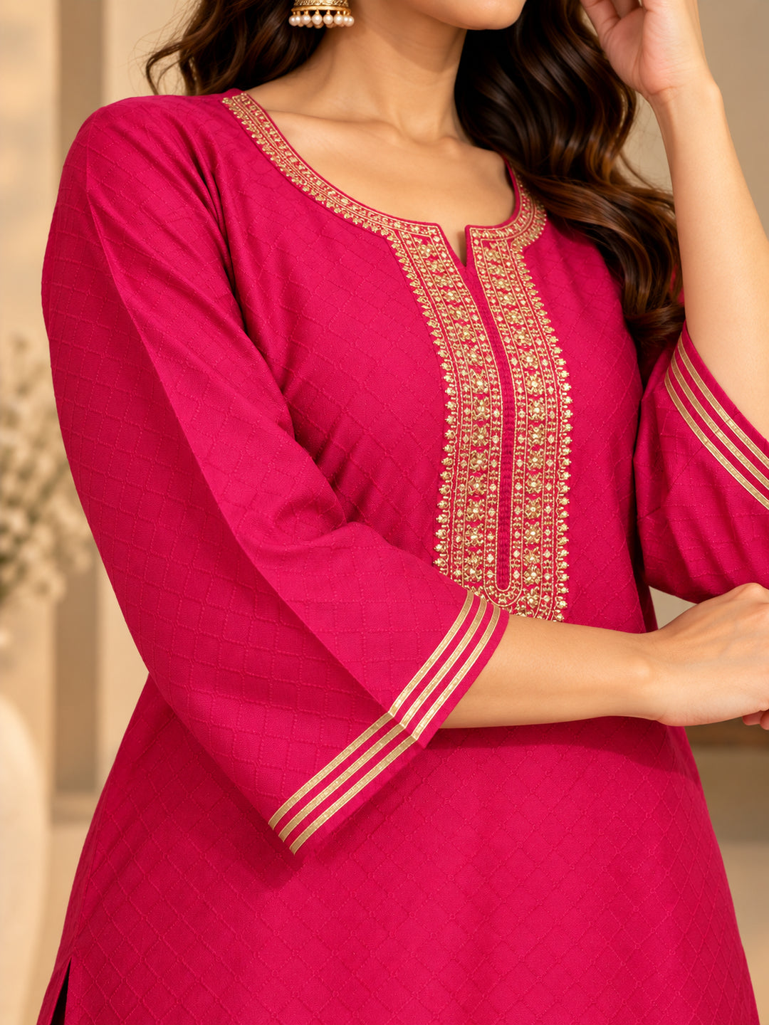 Solid Embroidered Straight Kurta & Trousers Sets