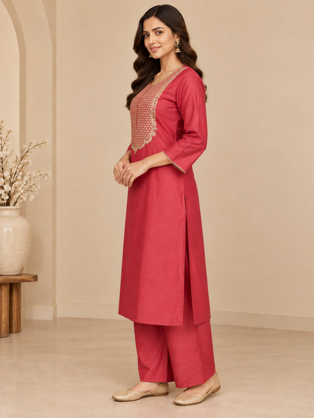 Solid Embroidered Straight Kurta & Trousers Sets