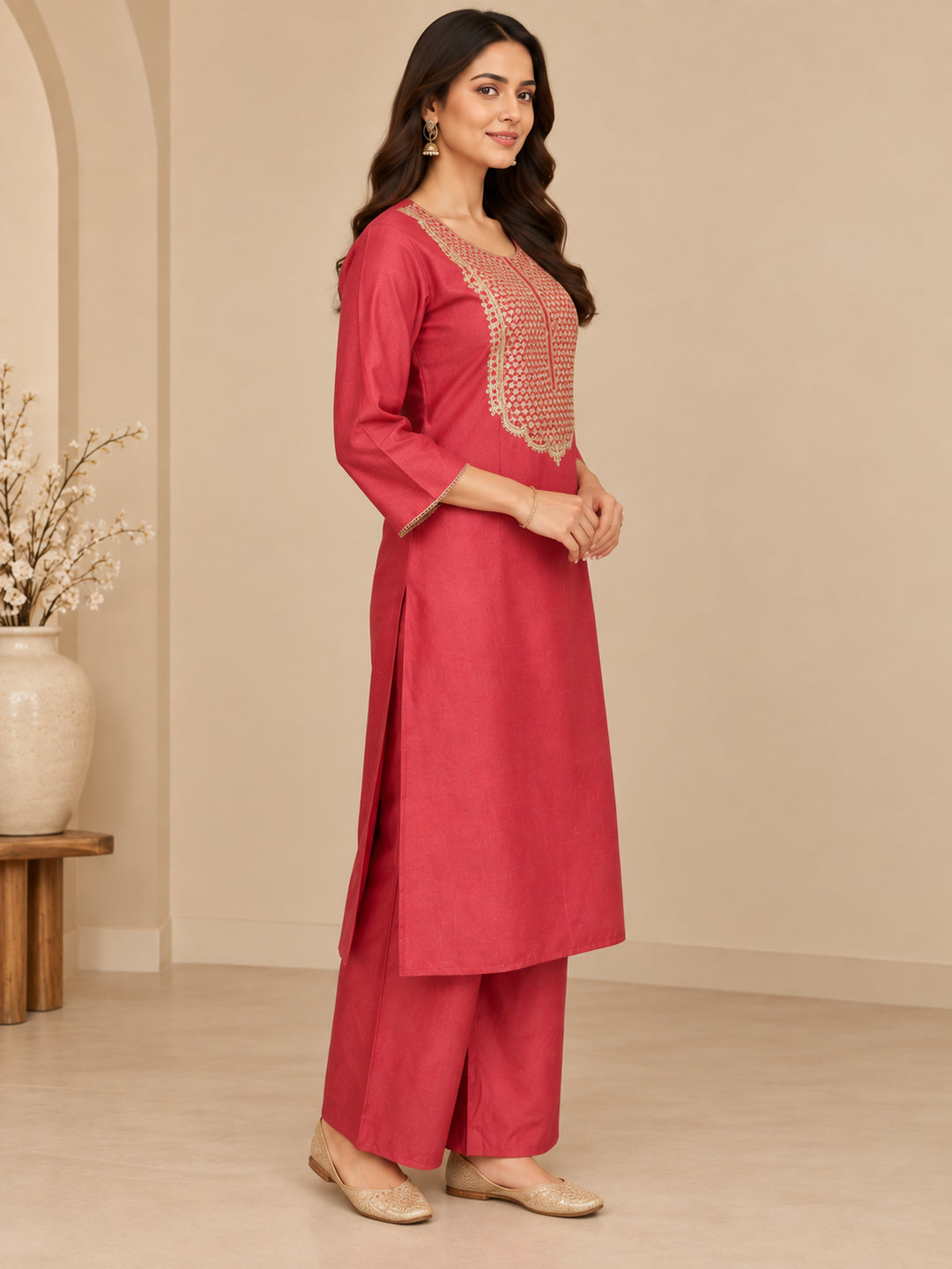 Solid Embroidered Straight Kurta & Trousers Sets
