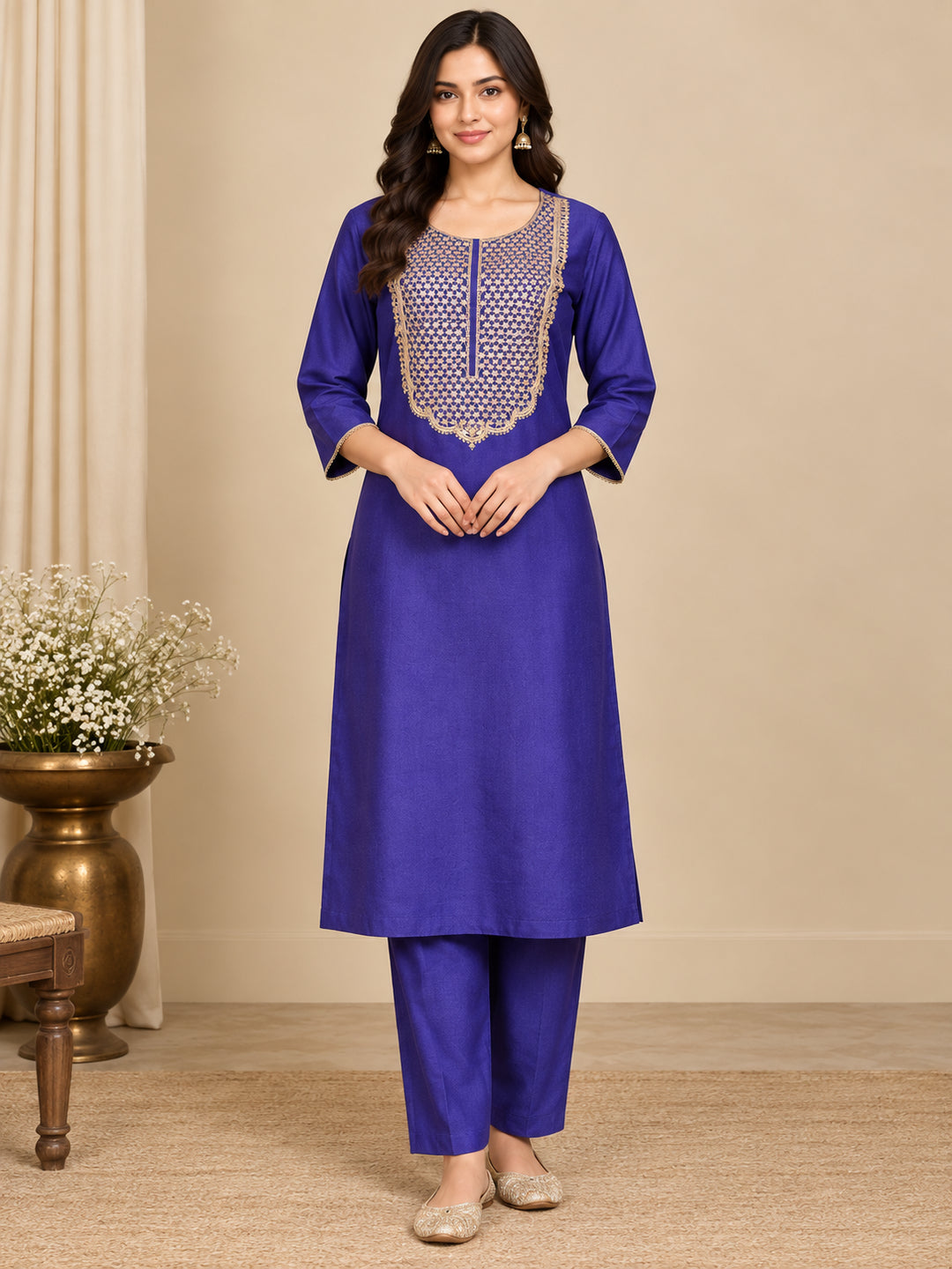 Solid Embroidered Straight Kurta & Trousers Sets