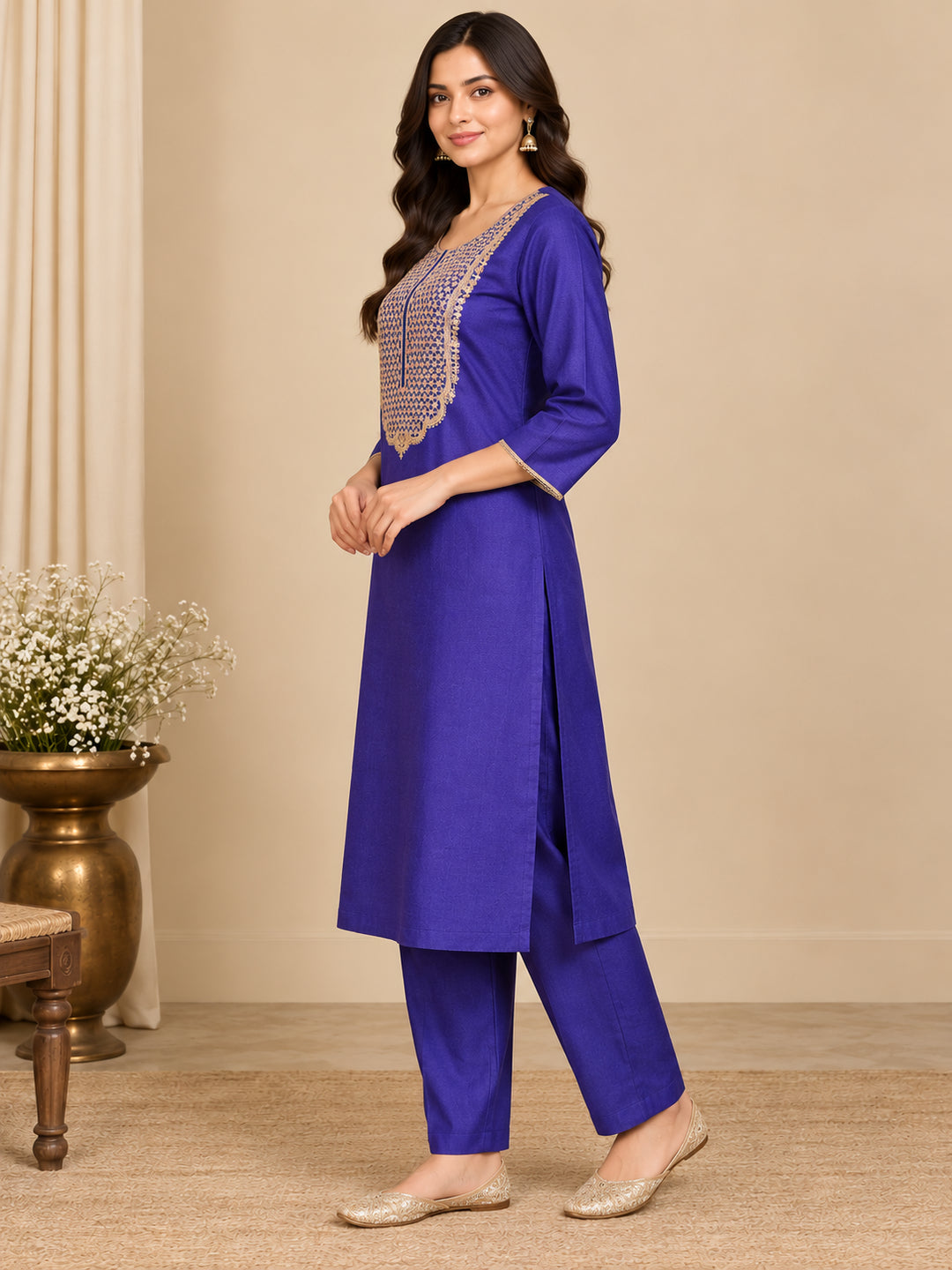 Solid Embroidered Straight Kurta & Trousers Sets