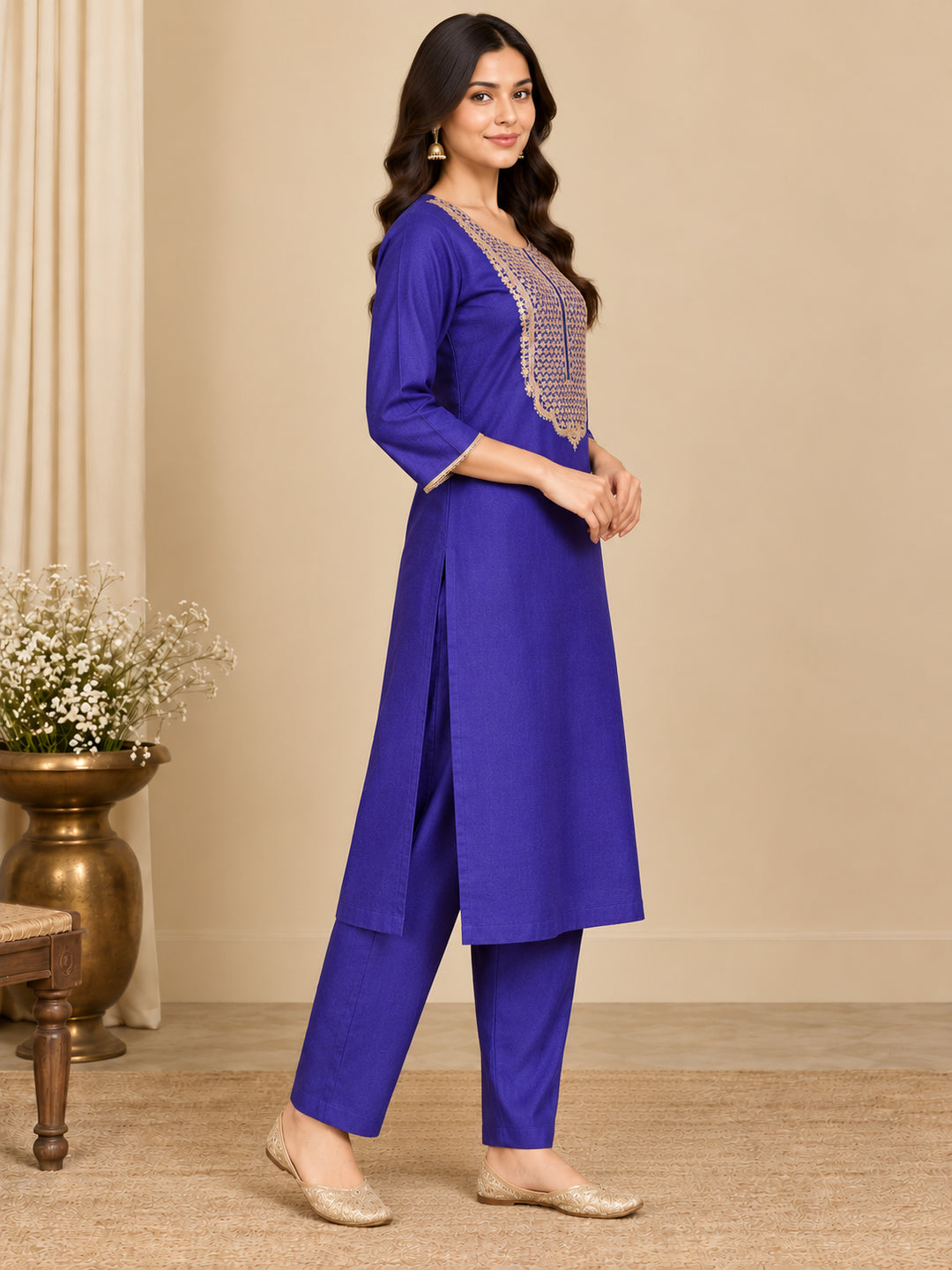 Solid Embroidered Straight Kurta & Trousers Sets