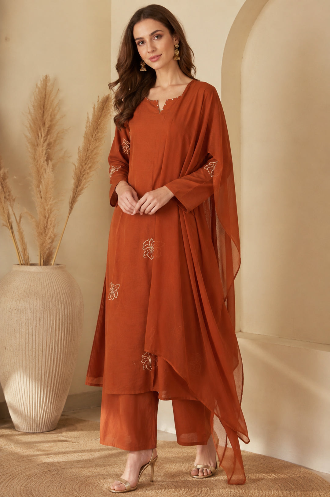 Floral Embroidered Straight Pure Cotton Kurta & Trousers Sets