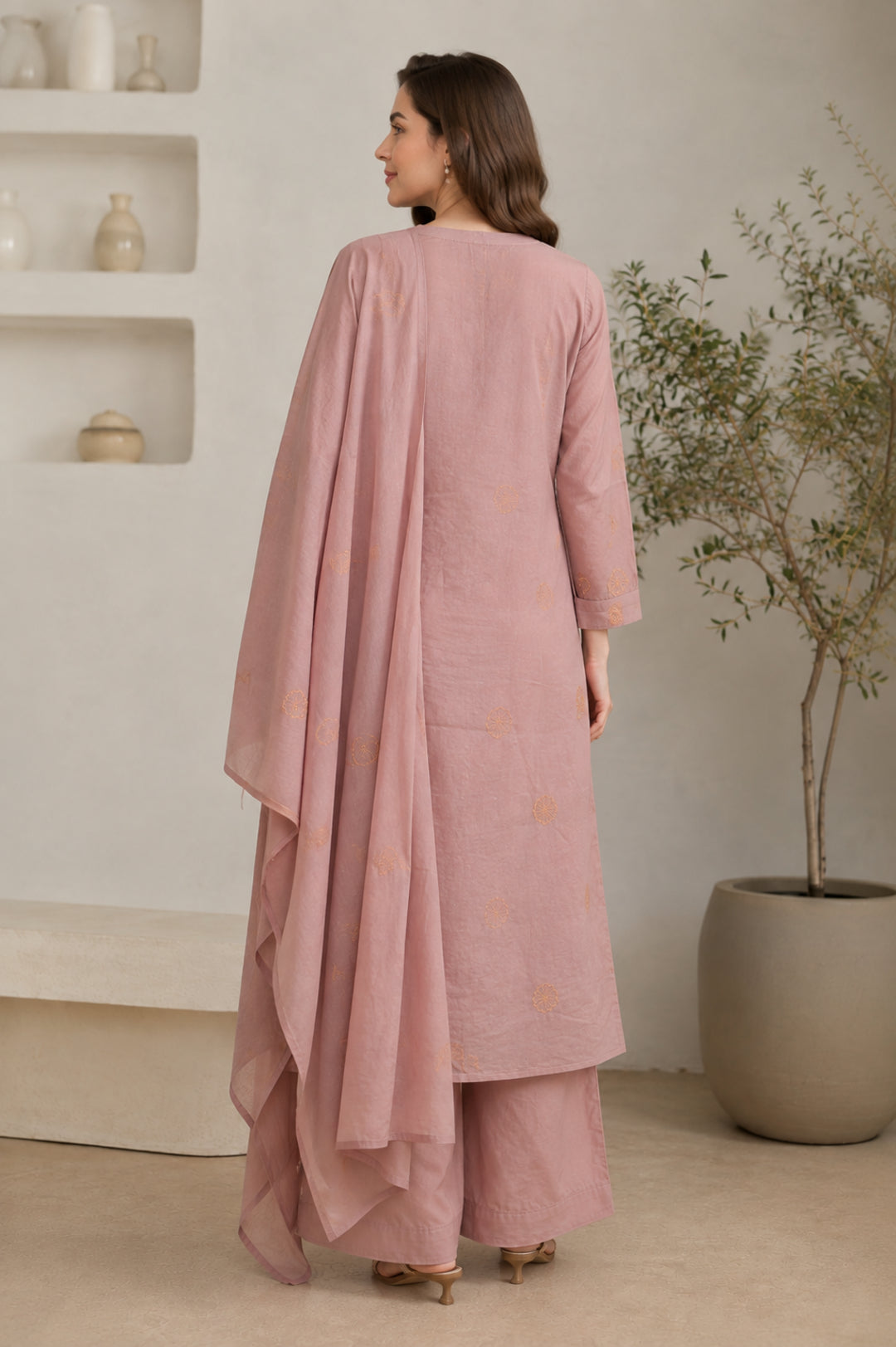 Floral Embroidered Straight Pure Cotton Kurta & Palazzos Sets