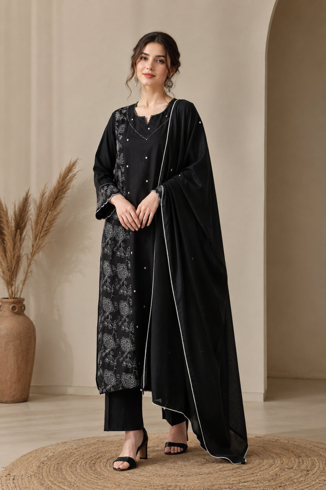 Floral Embroidered Straight Pure Cotton Kurta & Trousers Sets