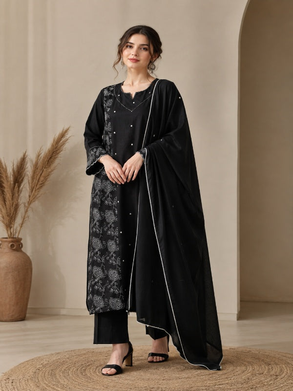 Floral Embroidered Straight Pure Cotton Kurta & Trousers Sets