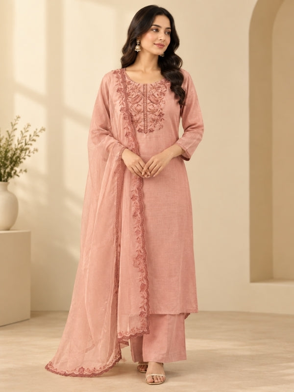 Solid Embroidered Straight Linen Kurta & Palazzos Sets