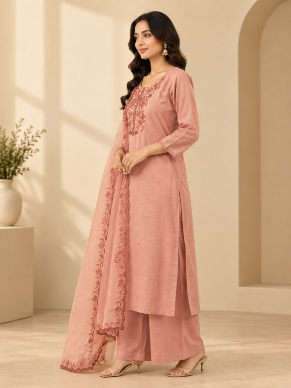 Solid Embroidered Straight Linen Kurta & Palazzos Sets
