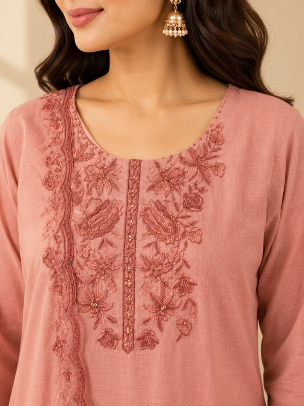 Solid Embroidered Straight Linen Kurta & Palazzos Sets
