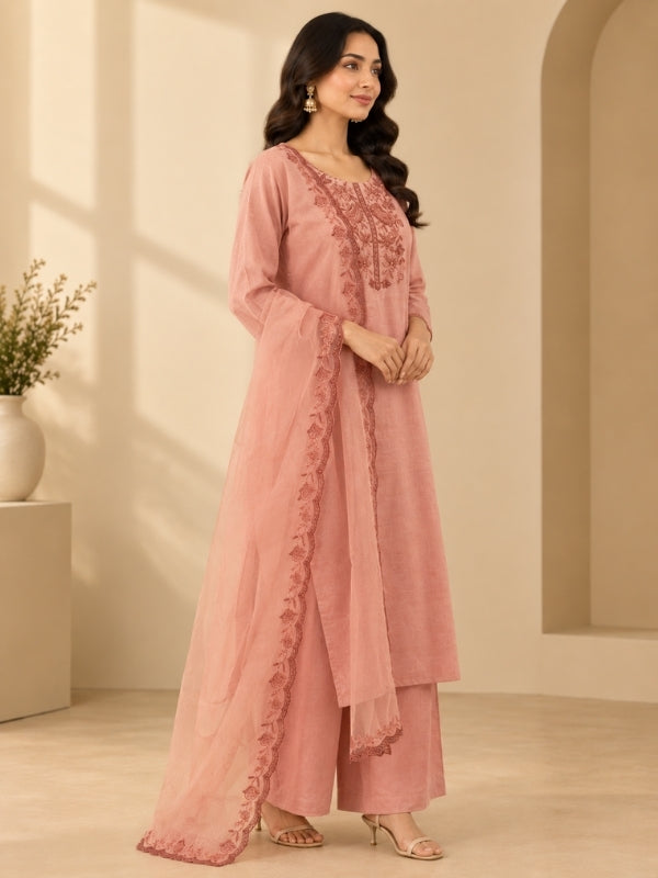 Solid Embroidered Straight Linen Kurta & Palazzos Sets