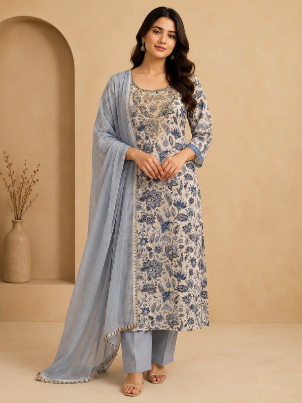Floral Embroidered Straight Cotton Blend Kurta & Palazzos Sets
