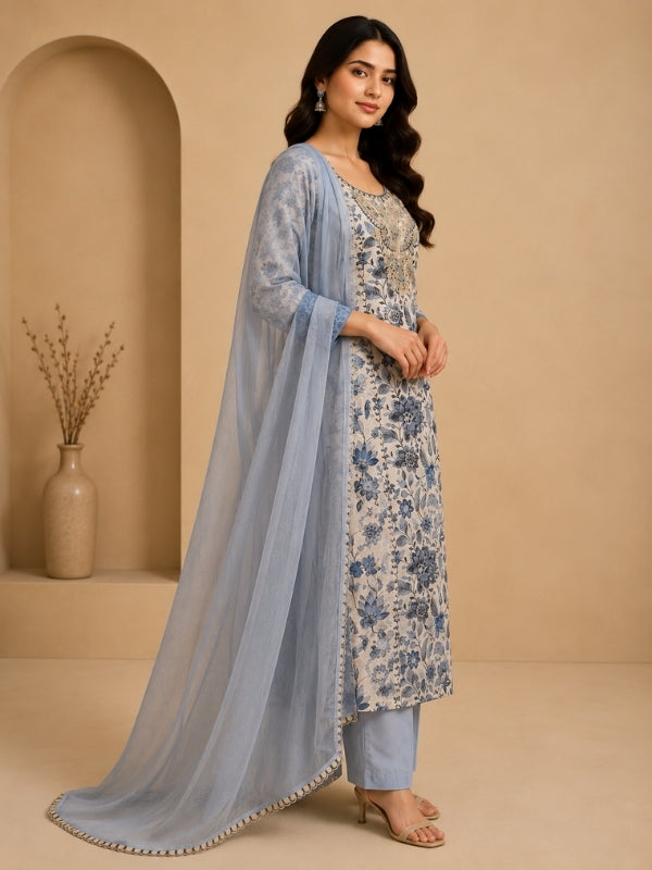 Floral Embroidered Straight Cotton Blend Kurta & Palazzos Sets