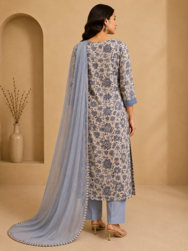Floral Embroidered Straight Cotton Blend Kurta & Palazzos Sets