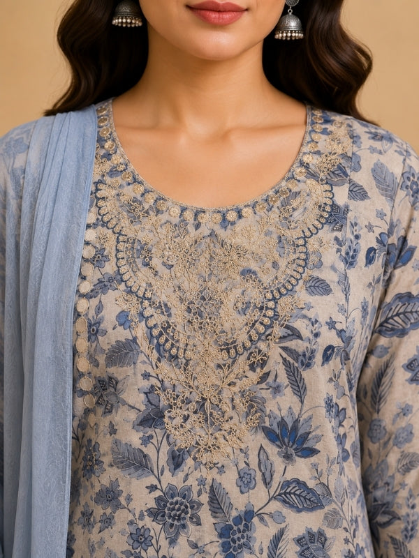 Floral Embroidered Straight Cotton Blend Kurta & Palazzos Sets