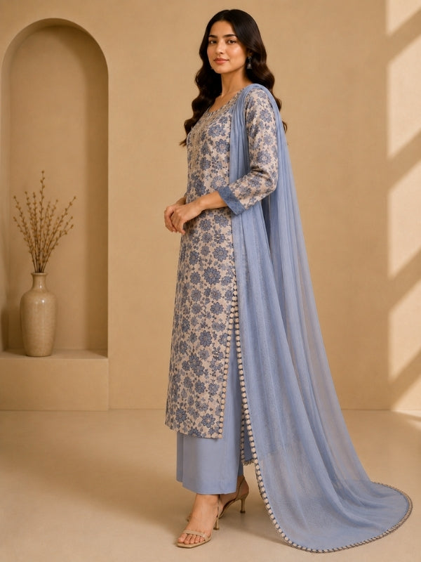 Floral Embroidered Straight Cotton Blend Kurta & Palazzos Sets