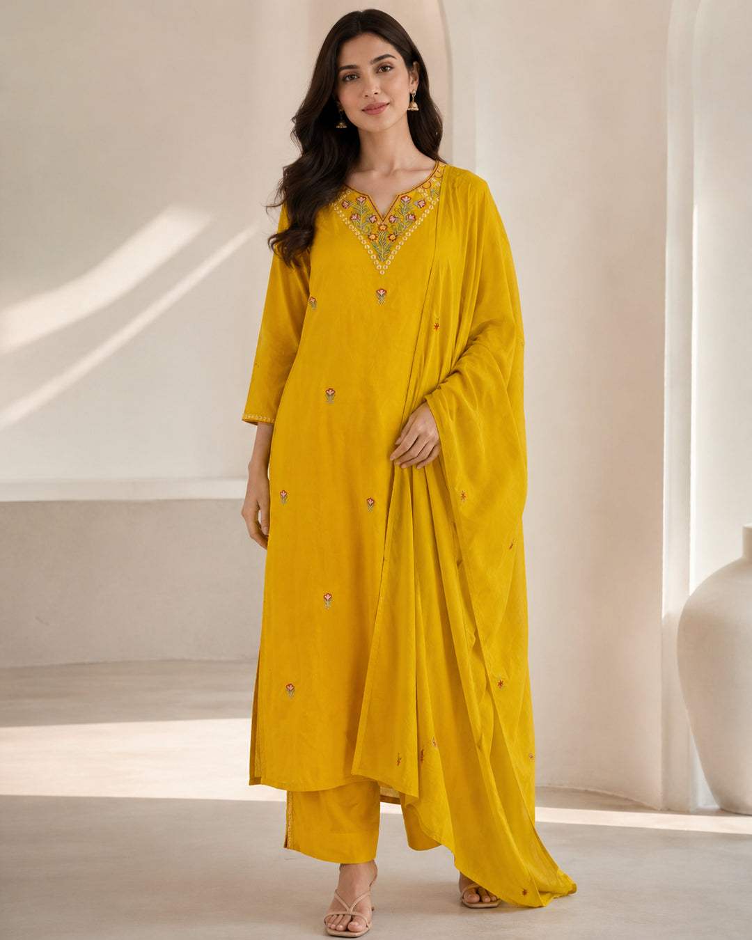 Solid Embroidered Straight Pure Cotton Kurta & Trousers Sets