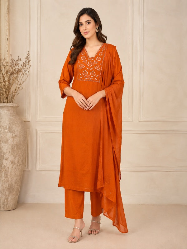 Solid Embroidered Straight Pure Cotton Kurta & Trousers Sets