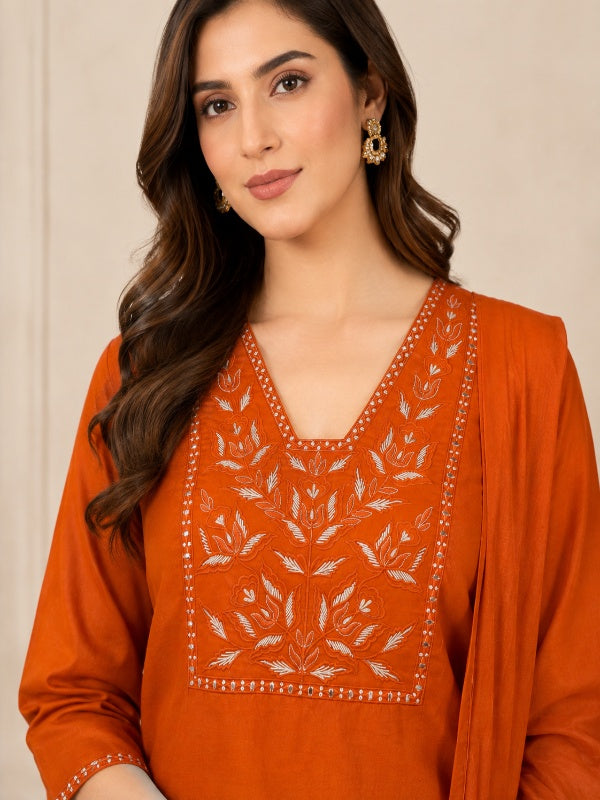 Solid Embroidered Straight Pure Cotton Kurta & Trousers Sets