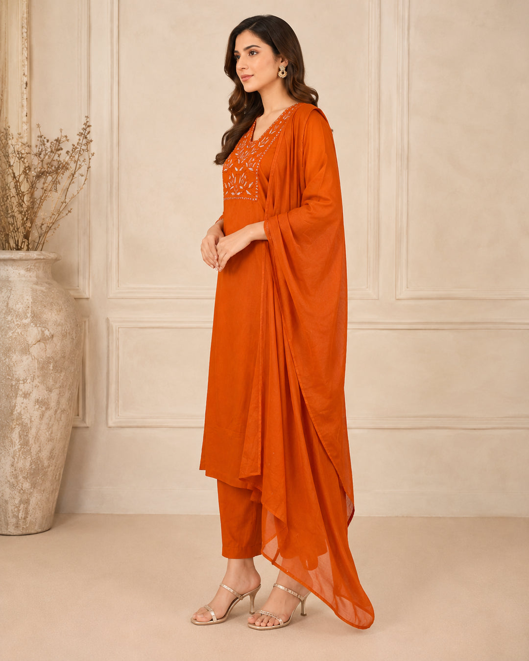 Solid Embroidered Straight Pure Cotton Kurta & Trousers Sets