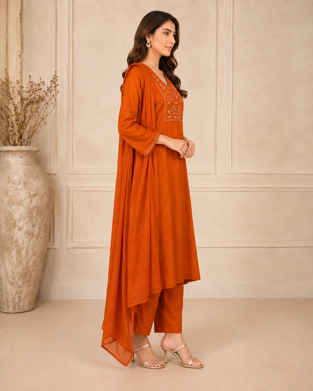 Solid Embroidered Straight Pure Cotton Kurta & Trousers Sets