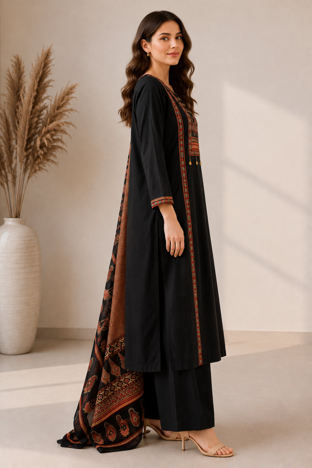 Solid Embroidered Straight Pure Cotton Kurta & Palazzos Sets