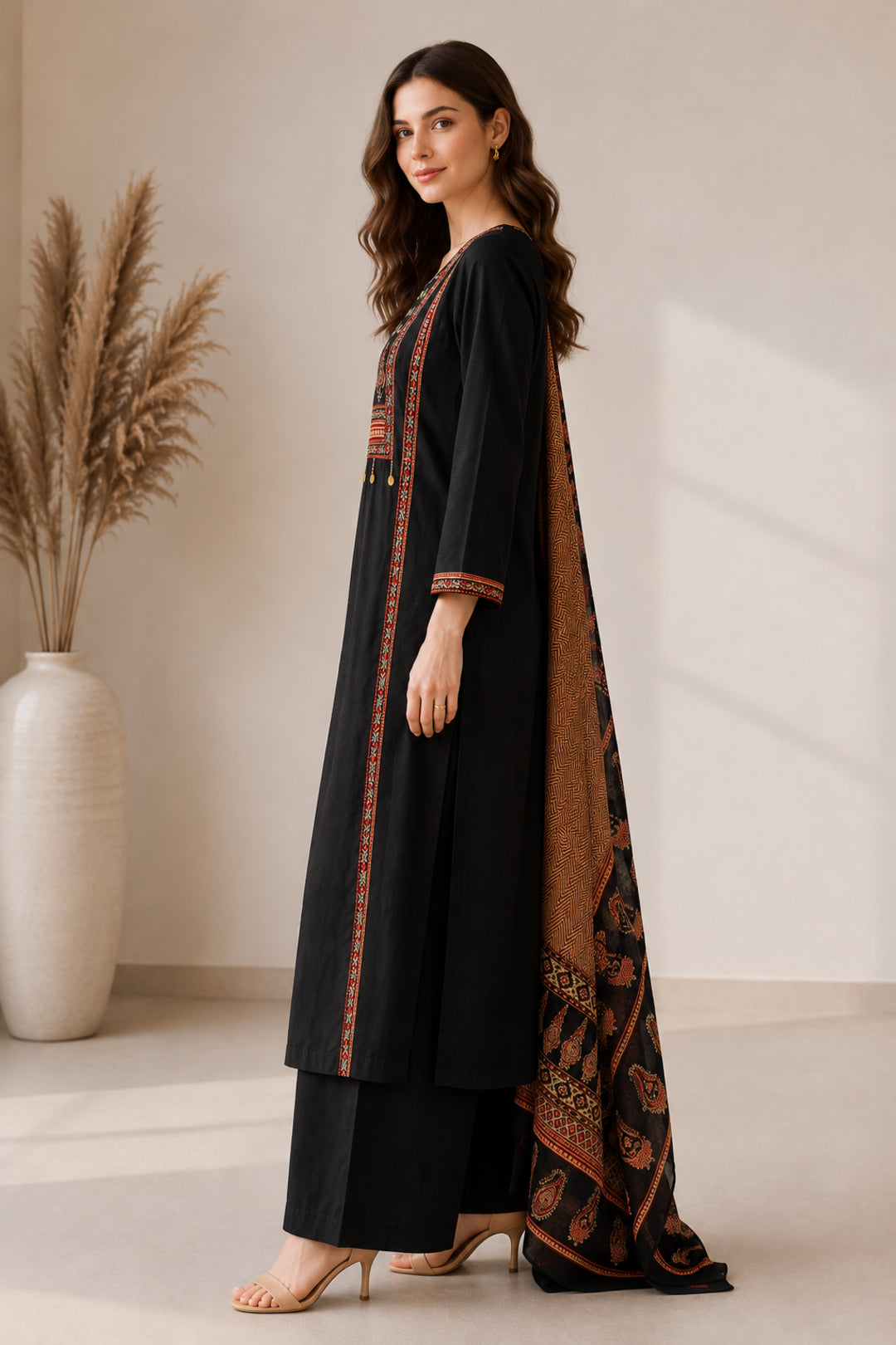 Solid Embroidered Straight Pure Cotton Kurta & Palazzos Sets
