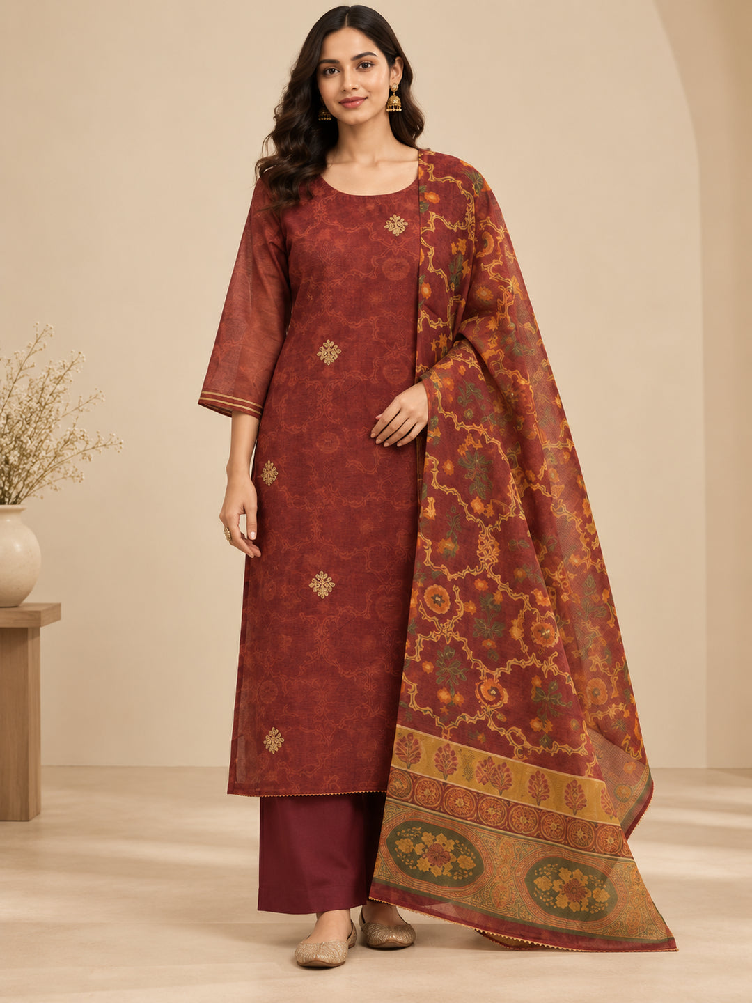 Floral Embroidered Straight Chanderi Cotton Kurta & Trousers Sets