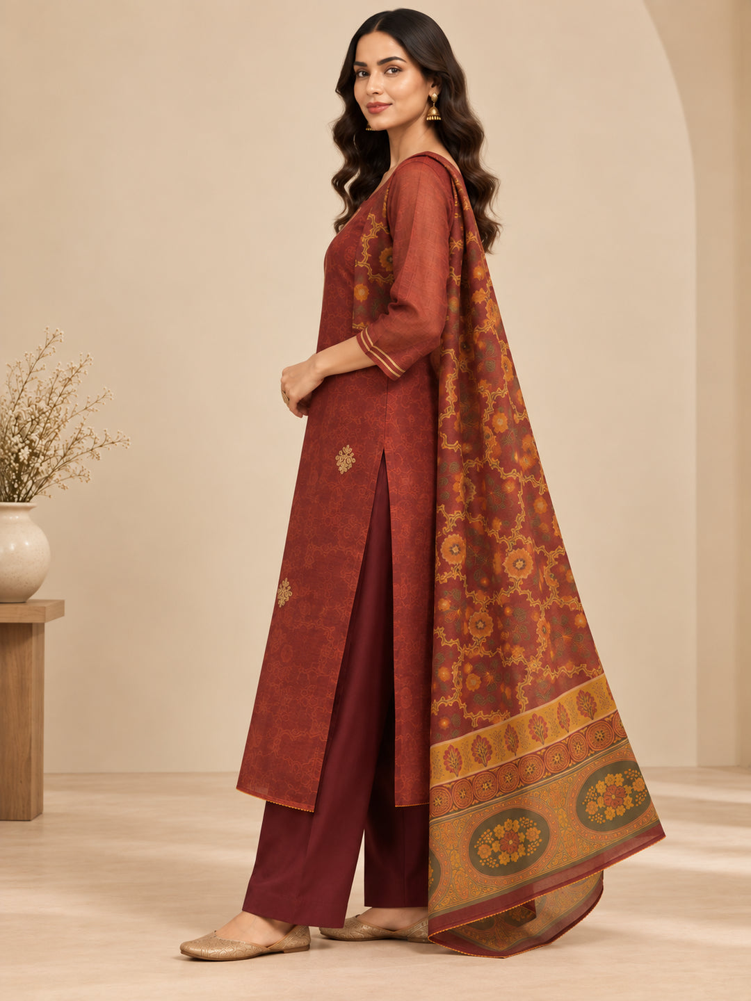 Floral Embroidered Straight Pure Cotton Kurta & Trousers Sets