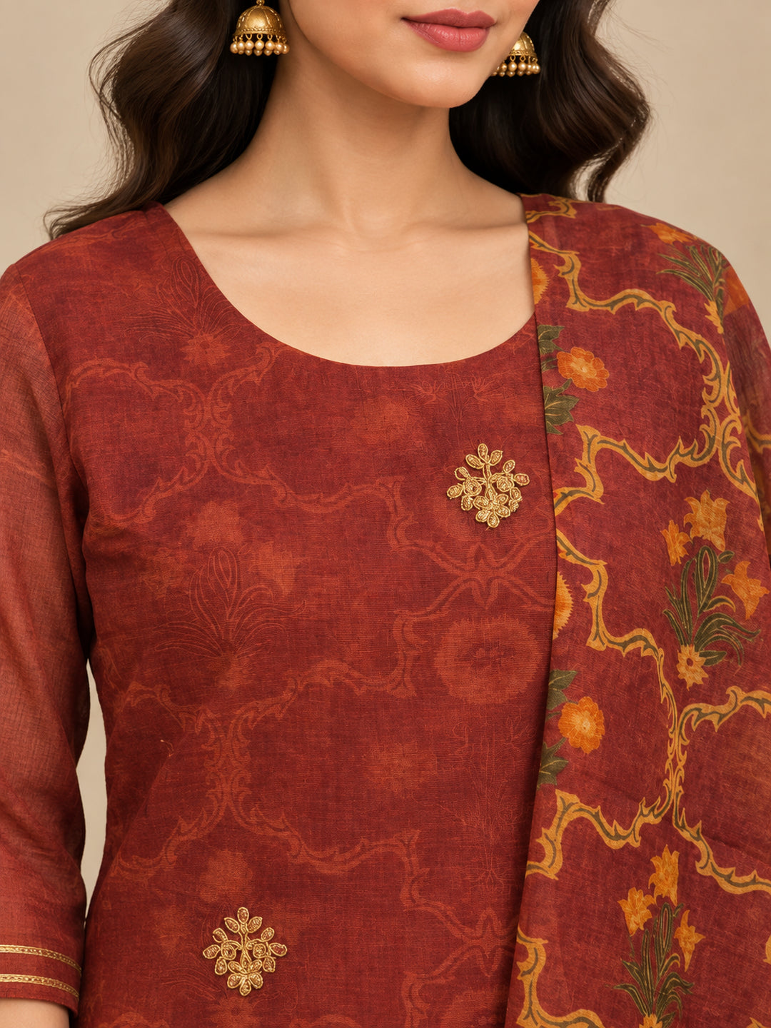 Floral Embroidered Straight Pure Cotton Kurta & Trousers Sets