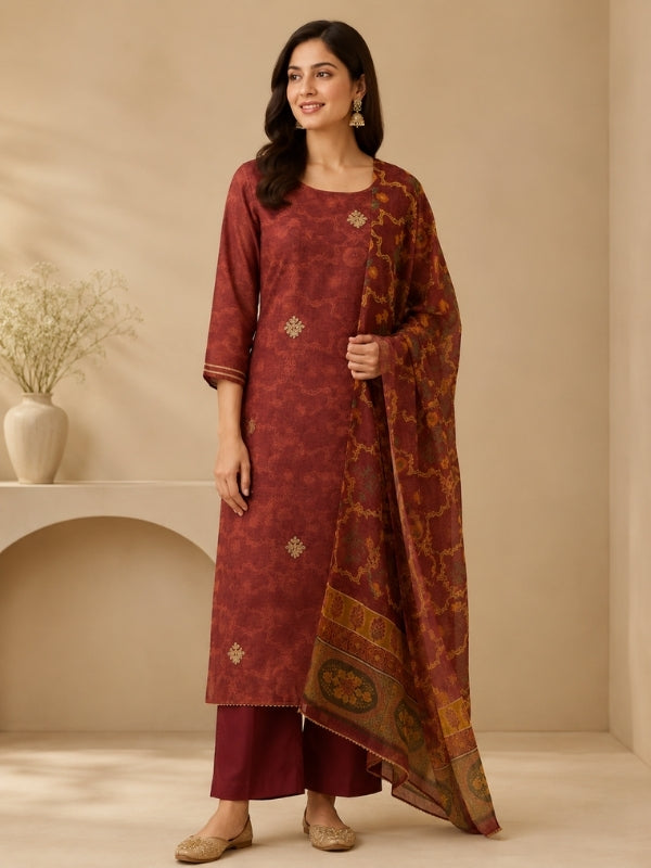 Floral Embroidered Straight Chanderi Cotton Kurta & Palazzos Sets